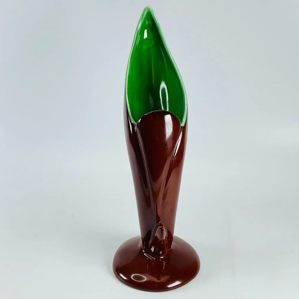Vtg MCM Bird of Paradise Art Pottery Freeform Vase Brown Green 9